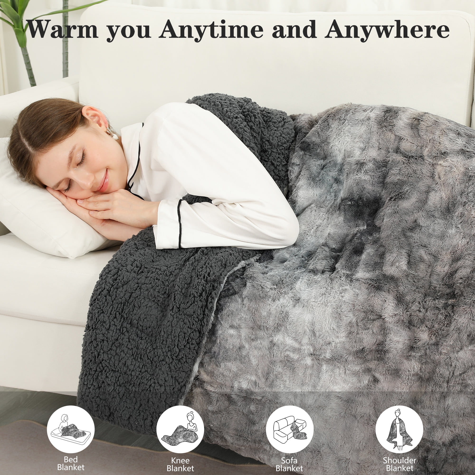 TRUSTWARMTH Electric Heated Throw Blanket - Faux Fur Sherpa 50"x60" Fast Heating Bed Blankets Throw with 6 Heating Levels & 4 Hours Auto off, Over-Heat Protection ETL, Dark Gray