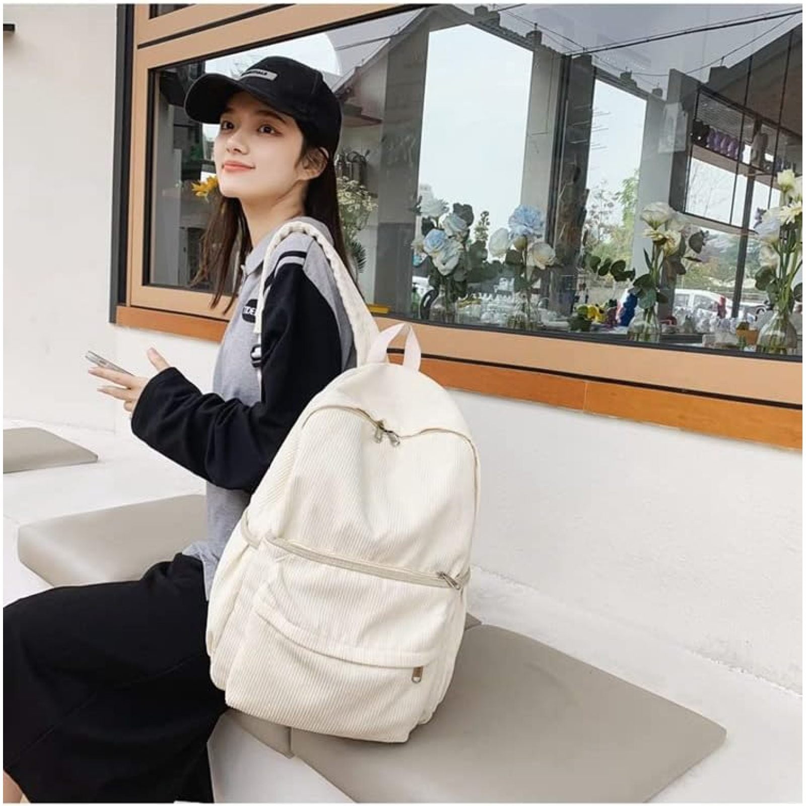 SQDWYGUO Preppy Corduroy Backpack Aesthetic Backpack 15.6 inch Laptop College Backpack Cute Book Bag Travel Rucksack Daypack,White