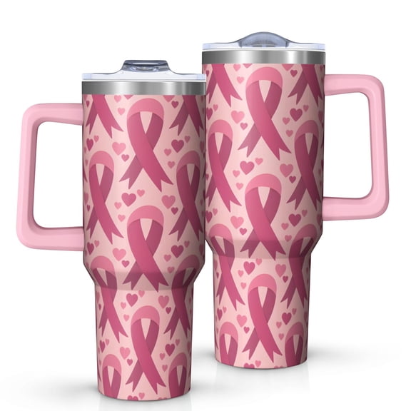 Pink Breast Cancer and Love Tumbler with Handle and Lid,40oz Double Wall Vacuum Insulated Tumbler,Cups Gift for Women and Men