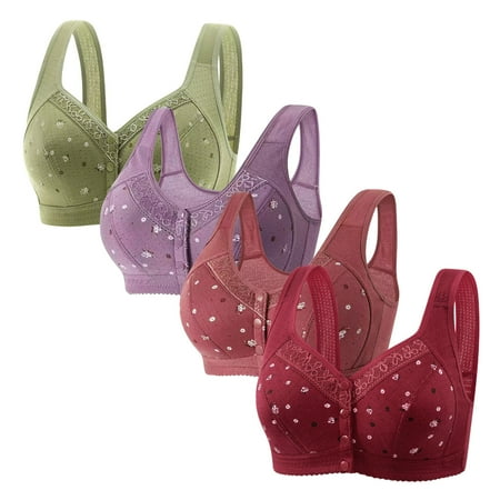 WIZUTIZ Front Closure Bras for Women Supportive Bras for Women 4-Pack Supportive Bras Wirefree Deep Cup Plus Size Full Coverage Bras Solid Embroidered Underwear for Ladies Running XL Green