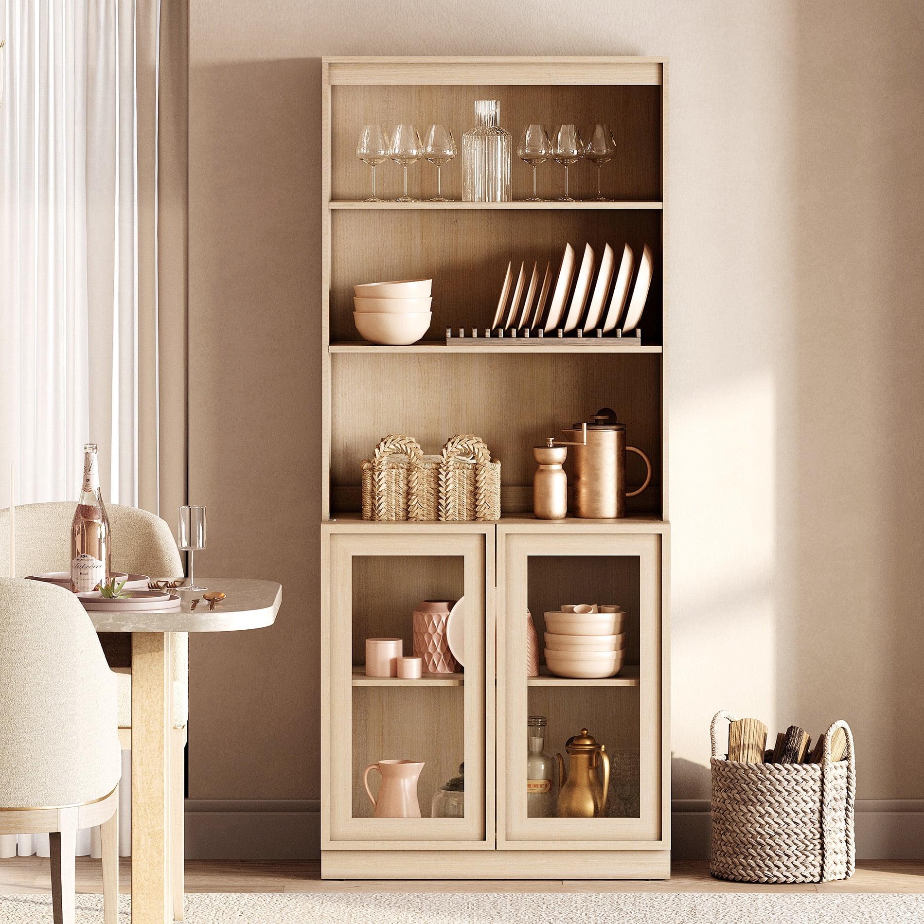 Modern 72" Tall Sideboard Buffet Cabinet, Glass Door Storage Cabinet with Adjustable Shelves, Open & Closed Layered Wood Console Cabinet for Dining Room Living Room Entryway,Beige