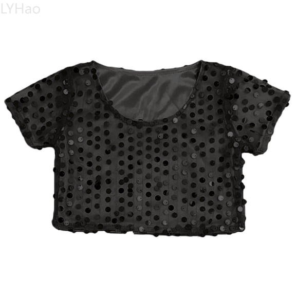 LYHao Girls Glitter Sequin Crop Top Short Sleeve Shirts For Stage Performance Dancing And Show Sizes 3-8 Years(Black)