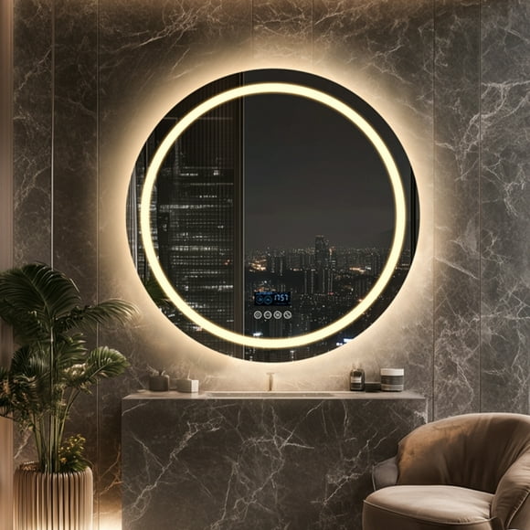 LUVODI Smart LED Bathroom Mirror: 32” Round Lighted Shower Mirrors with Bluetooth Speaker and Time Temperature Display - Large Circle Wall Dimmable Vanity Mirror with Backlit + Front Lit,Anti-Fog