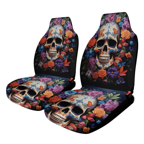 Colorful Flower Skull Print Car Seat Covers，Universal Auto Front Seats Protector Fits for Car,SUV Sedan,Truck