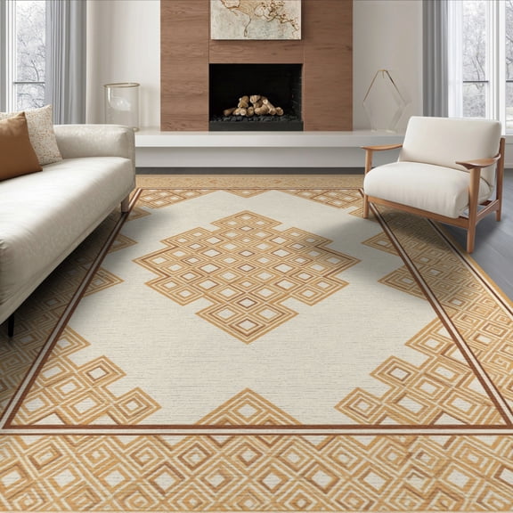 ODIKA 8'x10' Washable Area Rug Boho Grid Cream Framework Repeat Motif Tan Border Beige Neutral for Dining Room, Large Office, Lounge, Non-Slip Chair-Friendly Mat