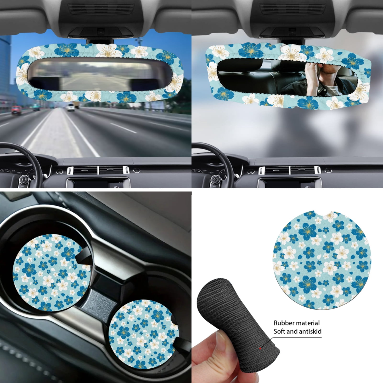 Yuyamidu Blue Flower Car Seat Covers Cute Steering Wheel Cover Seat Belt Cover Cup Holders Garbage Can Car Center Console Pad Handbrake Cover Gear Shift Knob Cover Rearview Mirror Cover, Pack of 14