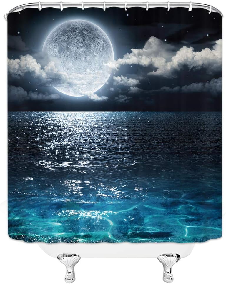 Moon Shower Curtain Full Moon Over Sea Ocean Clouds Planet Star Sky Dreamy Night Scene Black Navy Bathroom Curtains Decor Polyester Fabric 70 x 70 Inches Include Hooks