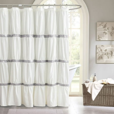 1 PC Ivory Ruffle Pleated & Patchwork 72" in Long Shower Curtain(Vanesa)