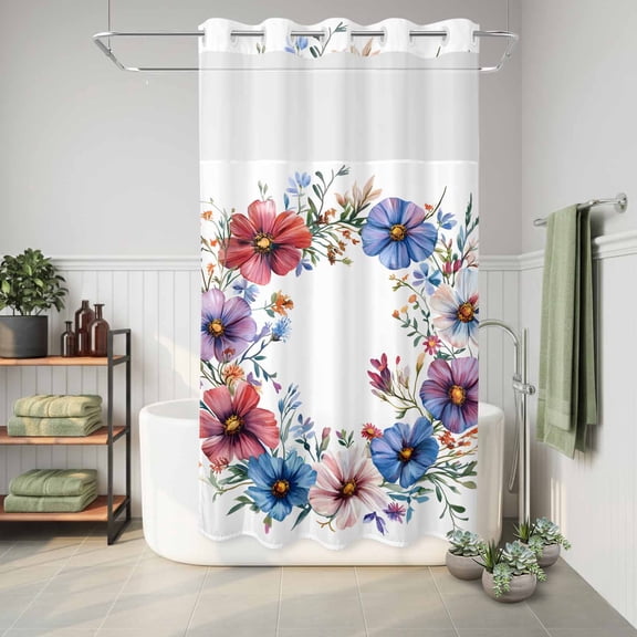 No Hook Shower Curtain Blue Red Flower Waterproof Fabric Shower Curtain Watercolor Wreath Hotel Style Bathroom Curtain with See Through Top Window Machine Washable 36x72in