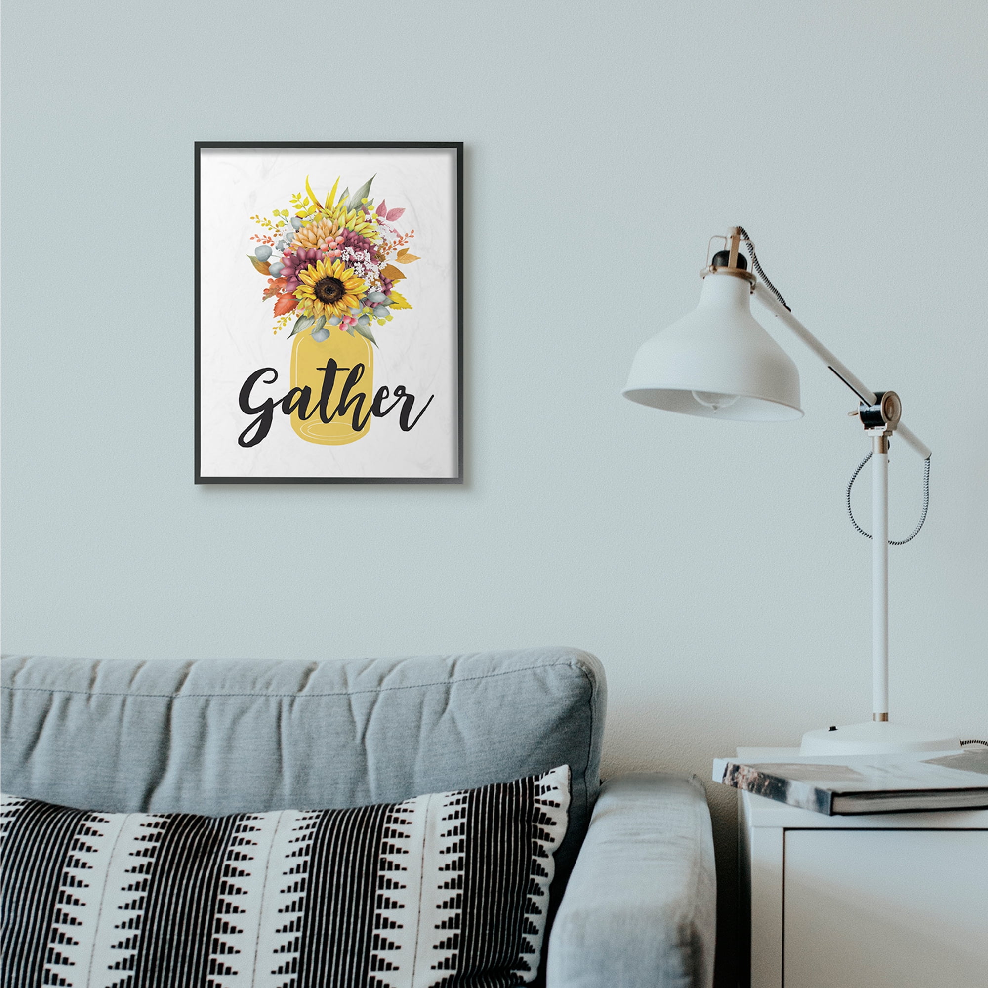Stupell Industries Gather Flower Jar Yellow Fall Autumn Seasonal Design Framed Wall Art by Lettered and Lined