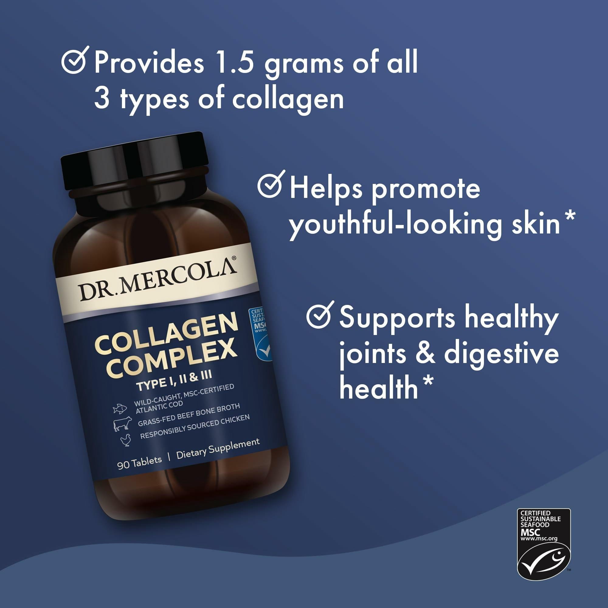Dr. Mercola Collagen Complex - Supports Skin & Connective Tissue - Types I, II & III Collagen - Non-GMO, Gluten-Free & Soy-Free - 90 Tablets (30 Servings)