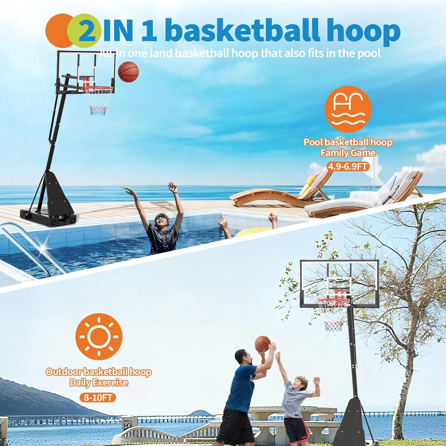 Historyli 52 Inch Basketball Hoop,Height Adjustable Basketball Hoop Goal System,Mobile Stand with Wheels Weighted Base,Youth&Adults,Black