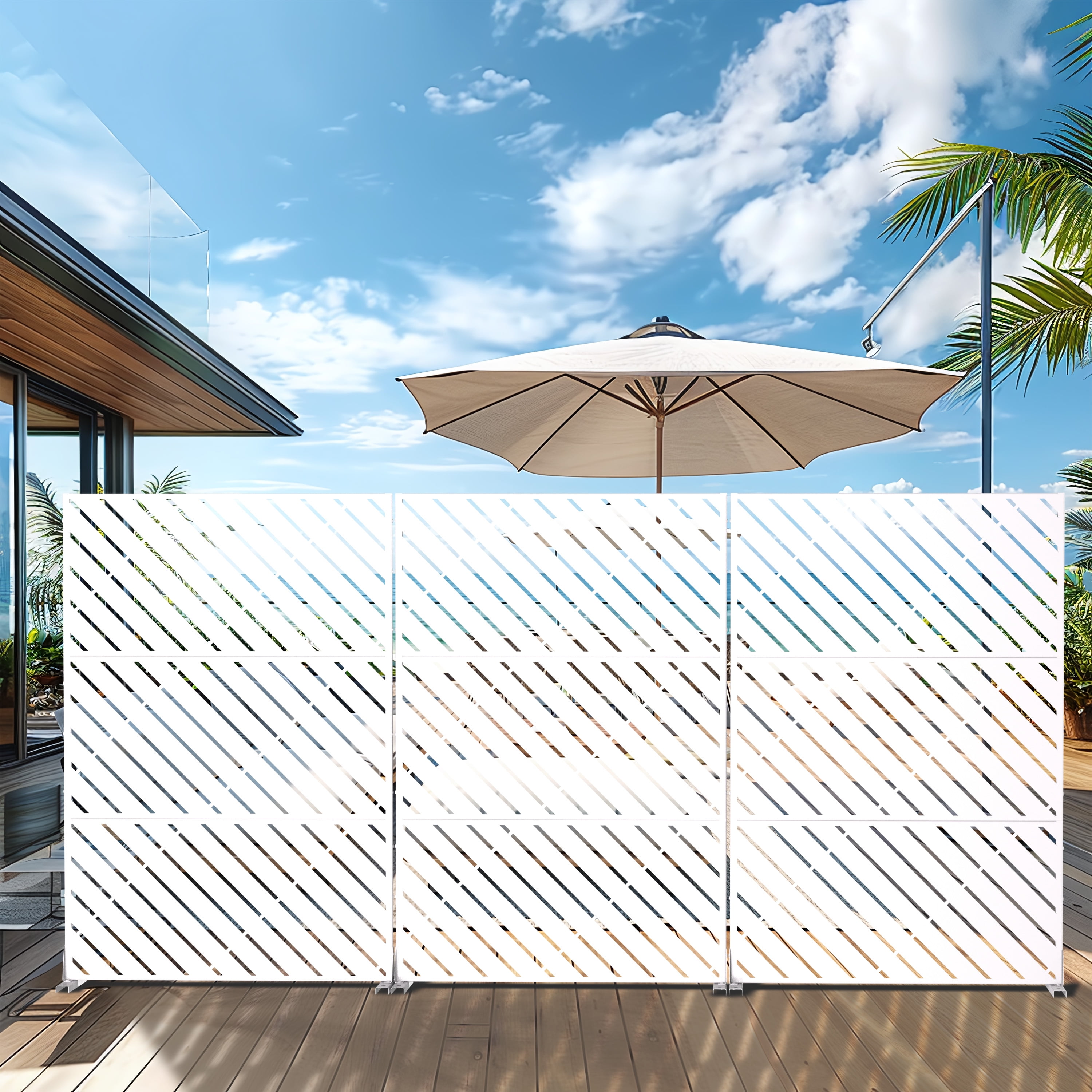 MAYEERTY 72"x47" Outdoor Privacy Screen with Stand, 3 Panels Metal Balcony Decorative Screen, White