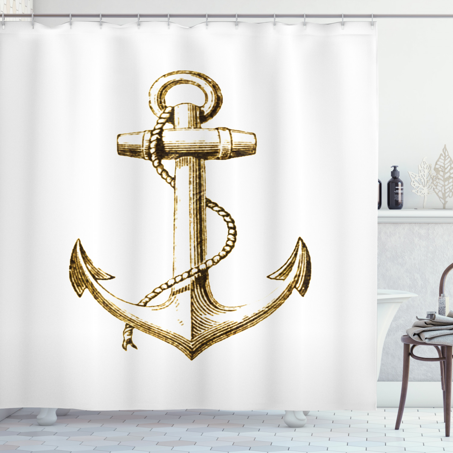 Nautical Shower Curtain, Foil Anchor Image Be Safe and Grounded Voyage Journey Adventure