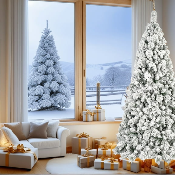 Spaco Artificial 4ft Flock Christmas Tree with 350PVC/Hard Needle Mixed Branch Tips, Christmas Tree with Hinged Premium & Foldable Base for Indoor Holiday Decoration, Green White