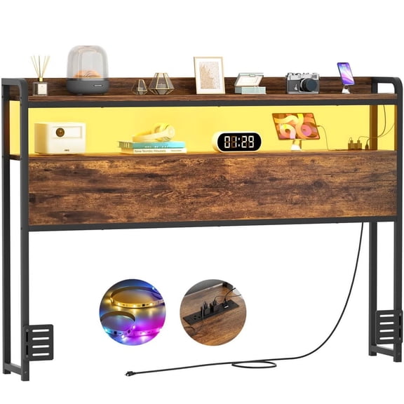 Homieasy Headboard for Full Size Bed Frame, Headboards with Outlets, USB Ports and LED Light, Head Board with Storage, Height Adjustable, Sturdy and Stable Headboard, Black Oak