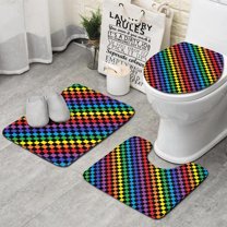 Colorful Rainbow Checkered Pattern Bathroom Rugs Sets 3 Piece,Toilet Cover Set,Absorbent Non Slip Bathroom Mats Sets with U-Shaped Contour Rug Toilet Rug Set
