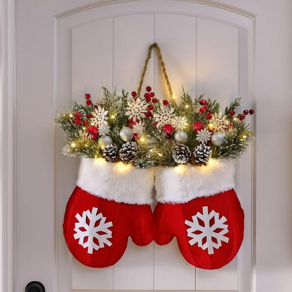 Twinkling Christmas Mitten Wreath with LED Lights , Christmas Lighted Werath Front Door Artificial Garland, Christmass Balls Hanging for Party Wall Decoration