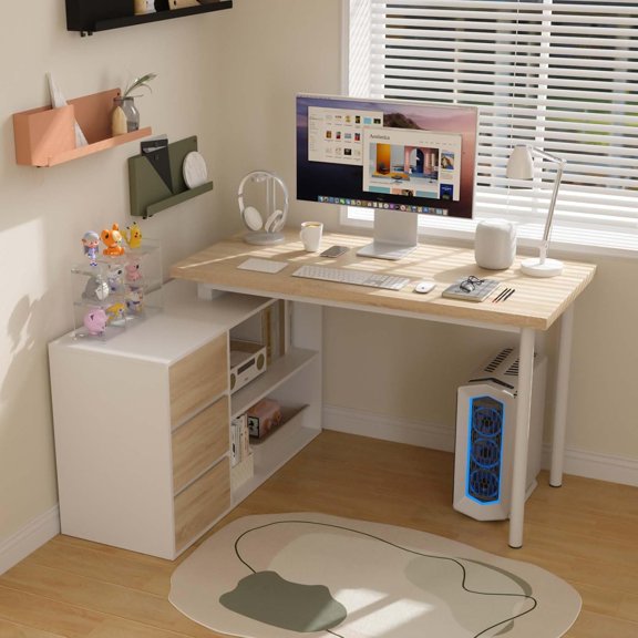 L Shaped Computer Desk, 47 Inch Home Office Desk with File Drawers & Storage Shelves, Small Corner Computer Desk for Small Space (White Walnut)