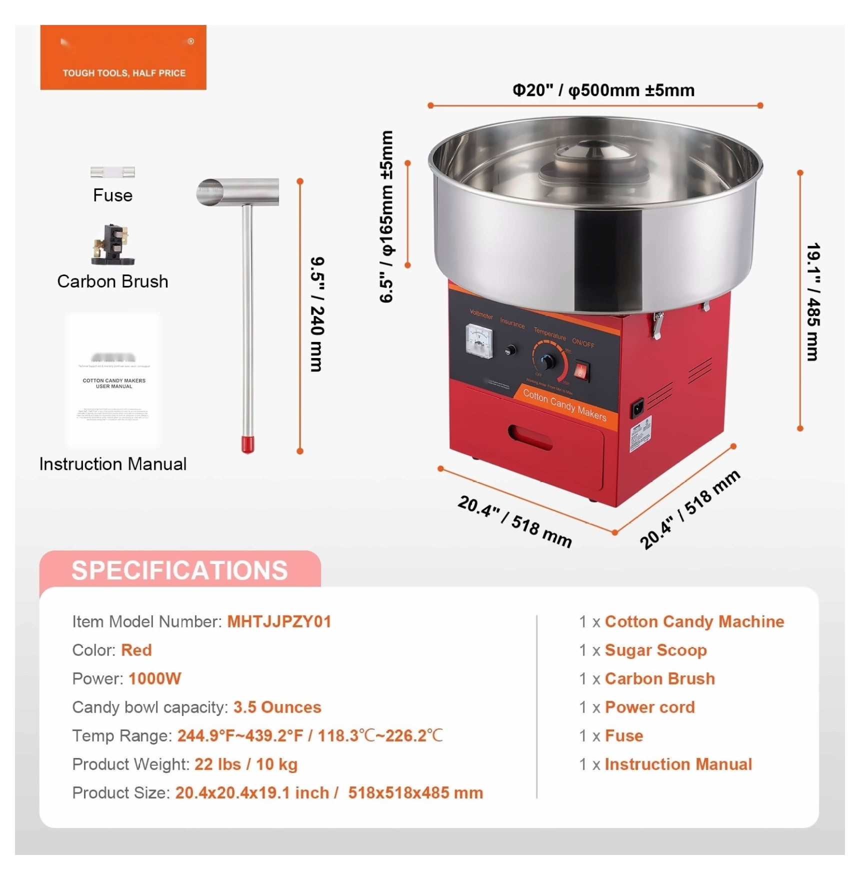 Cotton Candy Machine 1000W, Commercial Candy Floss Maker with Bowl, Red - for Parties, Kids, Home Use, Includes Scoop & Drawer