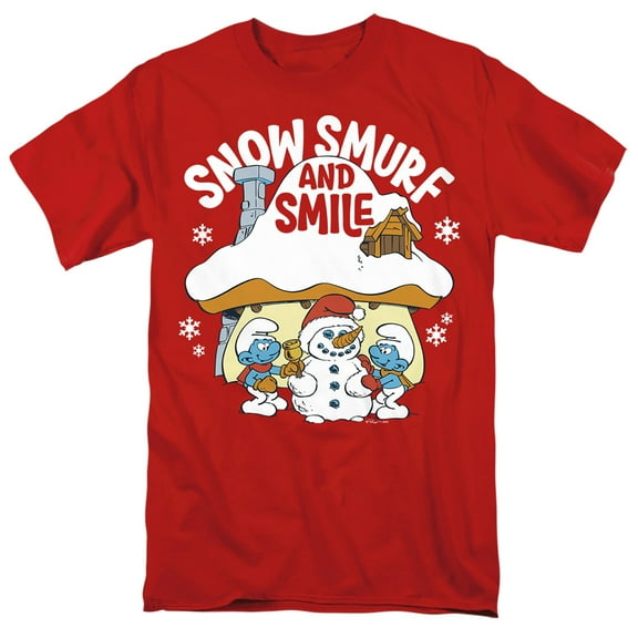 Smurfs Christmas Snow, Smurf And Smile Unisex Adult T Shirt, Red, 2X-Large