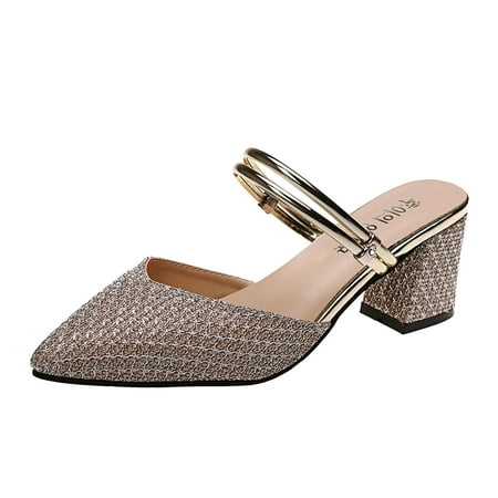 

Sandals Ladies Fashion Summer Solid Sequin Pointed Thick High Heeled Casual Sandals Womens Sandals