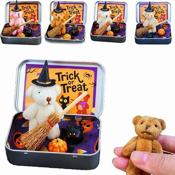 2025 Halloween Bear in a Box for Trick or Treat - Little Bear Gift with Wizard Hat & Broom, Halloween Party Favor, Halloween Toy Gift for Family & Friends - White