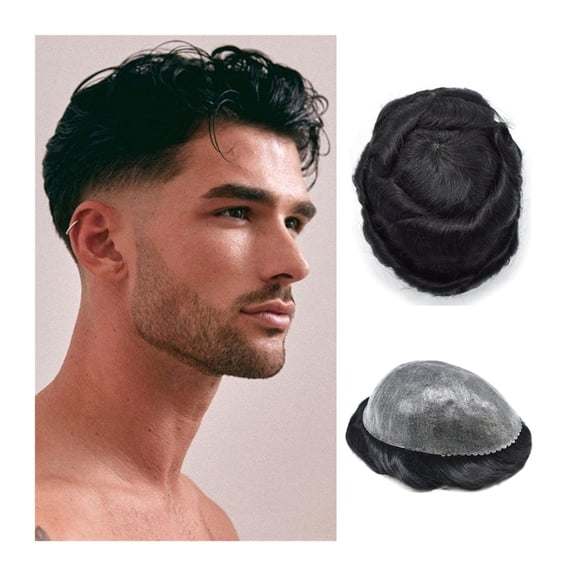 Toupee for Men Human Hair Durable Replacement System 0.1-0.12mm Thin Transparent Injected PU Skin Male Wig Unit Jet Black Men's Toupee Hairpieces