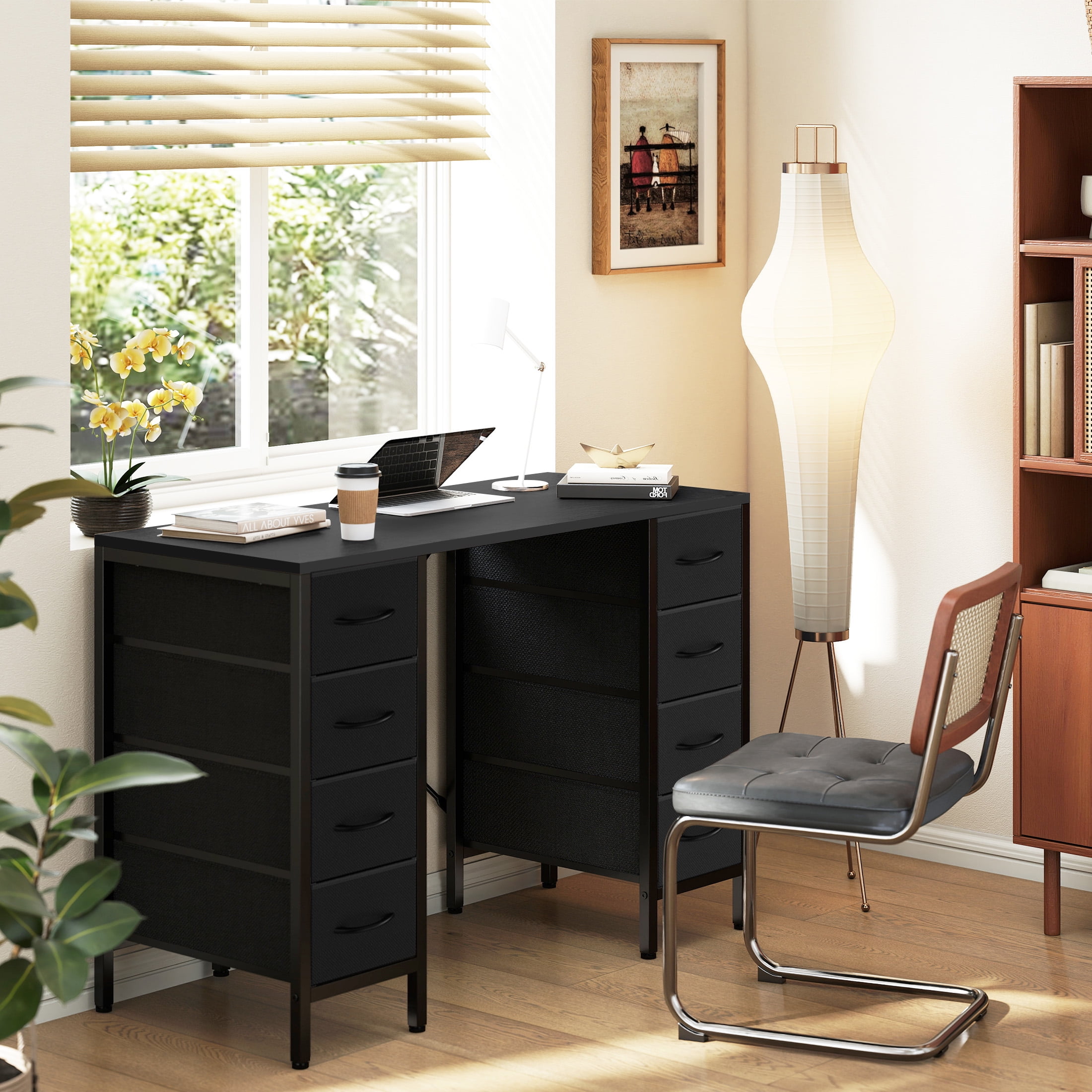 EDX 47 Inch Computer Desk with 8 Fabric Drawer, Home Office Desk with Power Outlets, Large Storage,Black
