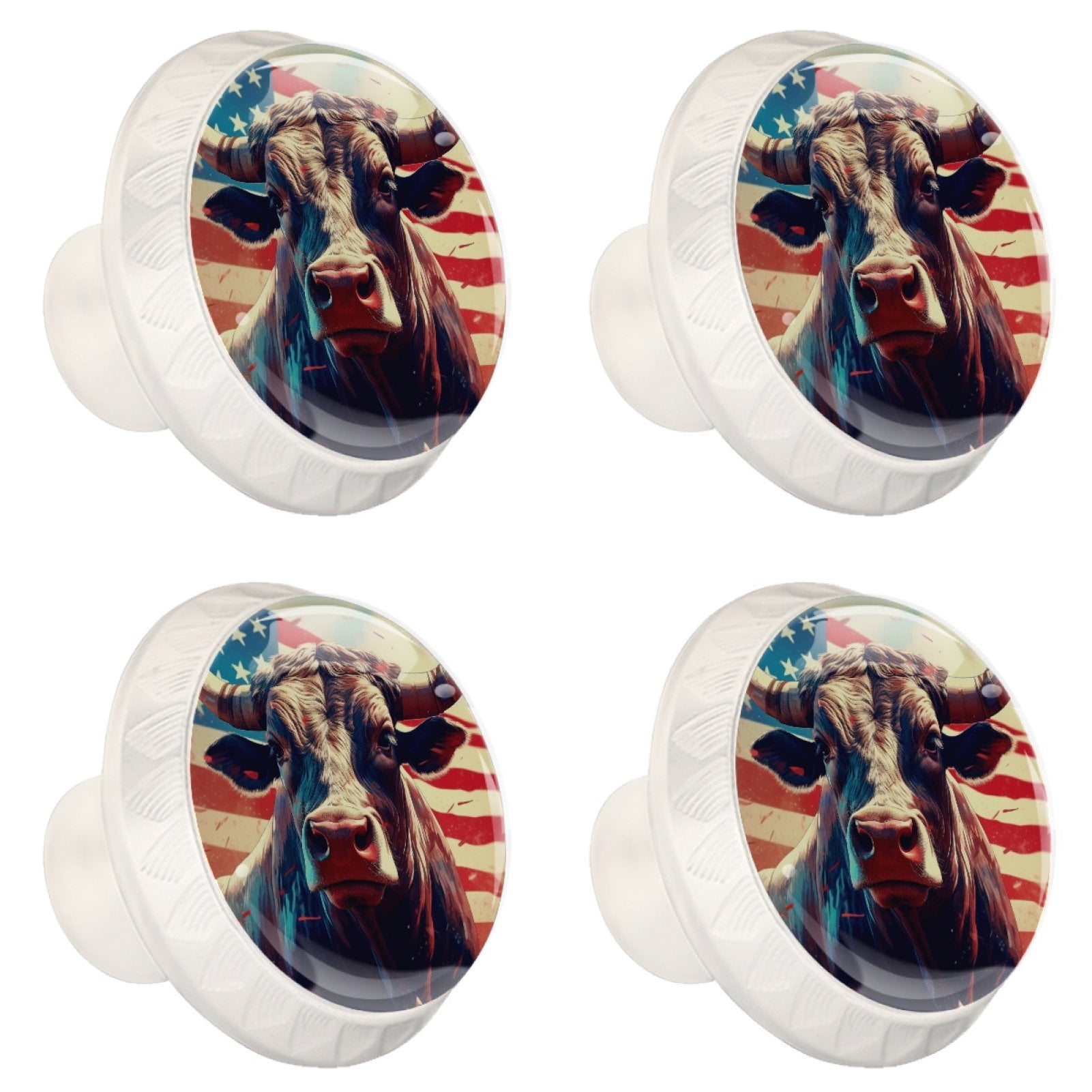 4 Pcs Cow American Flag Knobs for Kitchen Cabinet Cupboard Dresser Bookcase Drawer Pulls Handles Round Home Decor