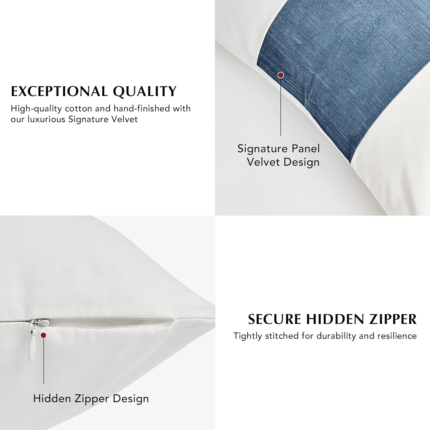 EVERGRACE Walsh Signature Velvet Panel Cotton Pillow Covers Set of 2, Decorative Pillow Covers 22"x22" for Couch, Square Cushion Cases for Sofa Bedroom Living Room, Blue Topaz