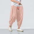 thumbnail image 5 of Mens Hippie Harem Pants Baggy Linen Stretchy Waist Drop Crotch Lightweight Pants Loose Spring Summer Pink XL, 5 of 6