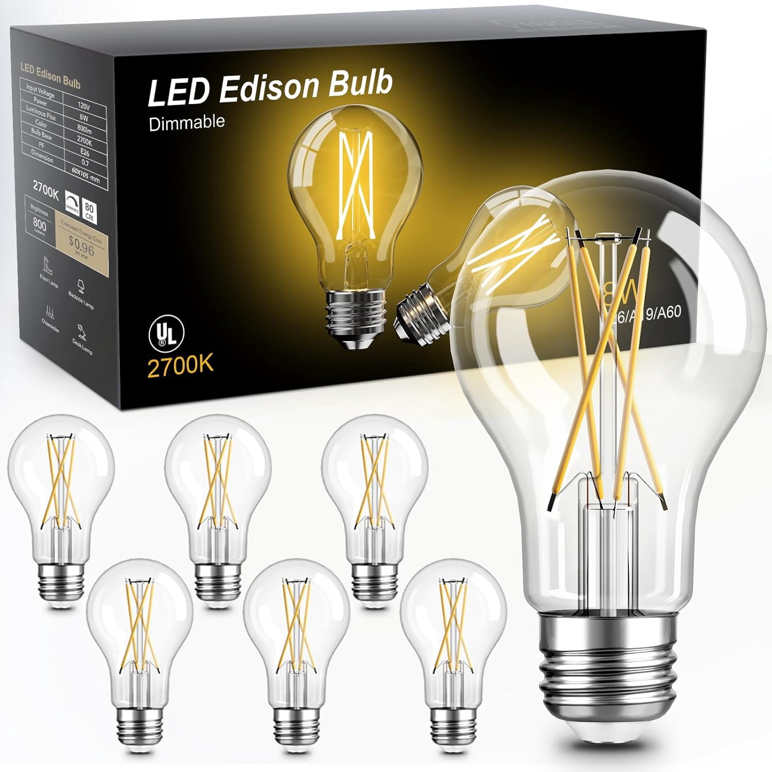 RGHJAR-6 Pack A19 Vintage LED Edison Bulbs, Dimmable Light Bulb 60W Equivalent, High Brightness 2700K Warm White, 8W E26 Standard Base, 800Lumens, CRI80+, Clear Glass Filament Bulb for Home, Farmhous