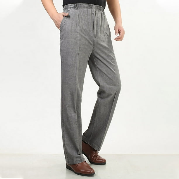 Pantalones largos de verano para hombre, informales, con bolsillos, de color liso, con cintura elástica y pierna recta.