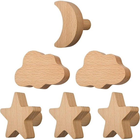 6pcs Cloud Moon Star Shape Wooden Wall Hooks, Cabinet Door Handle, Nordic Style Decorative Hook Used for Bedroom, Living Room, Porch, Especially Children's Room