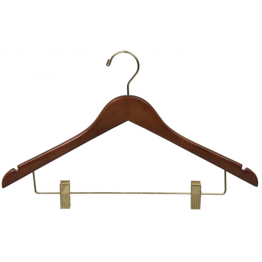 The Great American Hanger Company Walnut Finish Wooden Combo Hanger with Brass Hardware and Adjustable Clips (Case of 50)