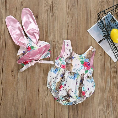 

cllios Easter Baby Girls Bunny Print Strap Jumpsuit + Drawstring Ear Cap Two-piece Set