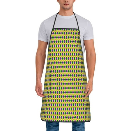 

Chef Aprons for Men and Women - Mardi Gras Purple Yellow Plaid Oil-Resistant Bib Aprons for Cooking Waterproof BBQ Grilling Kitchen Aprons Gifts for Women and Men