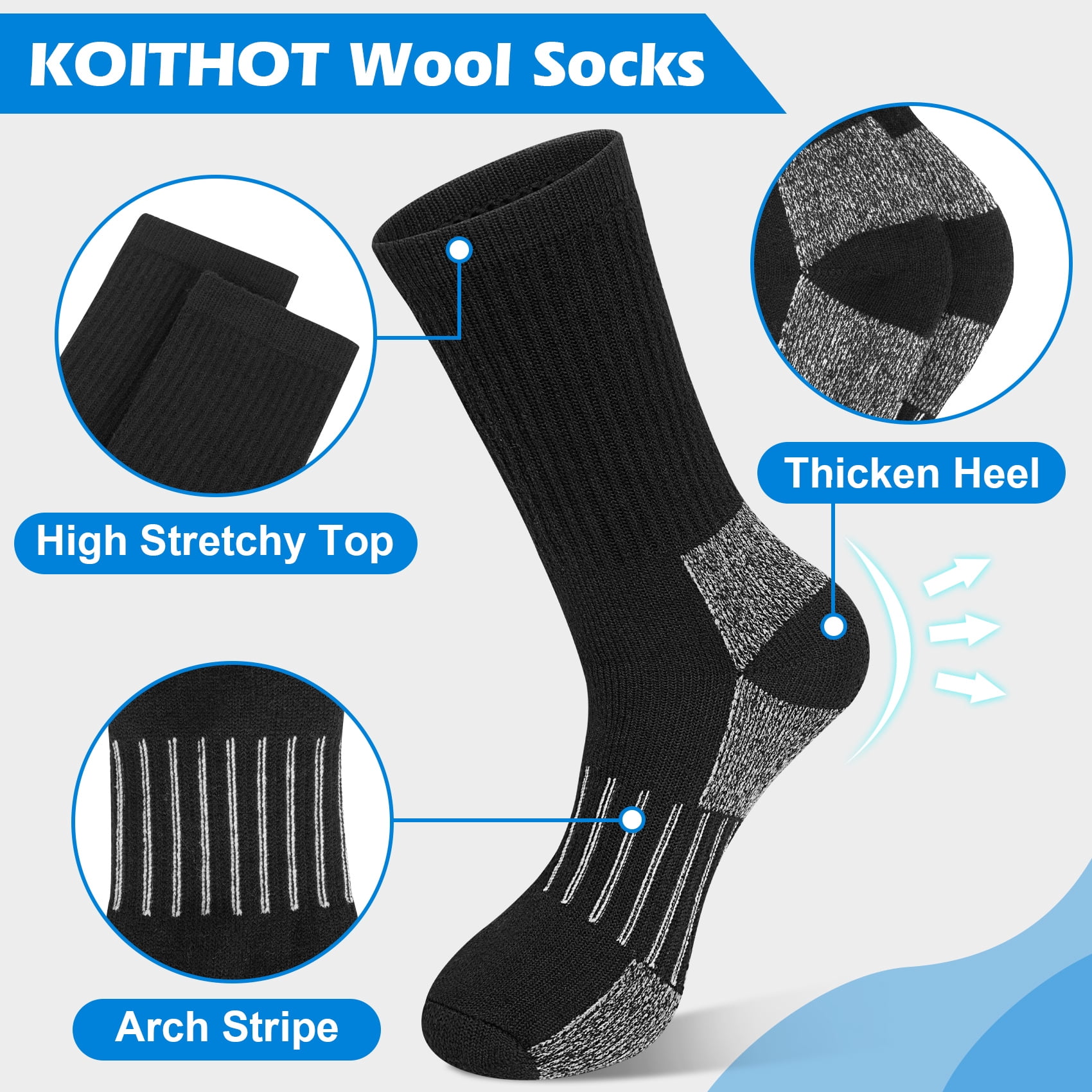 KOITHOT 3 Pack Merino Wool Socks for Men & Women, Thermal Boot Warm Hiking Socks