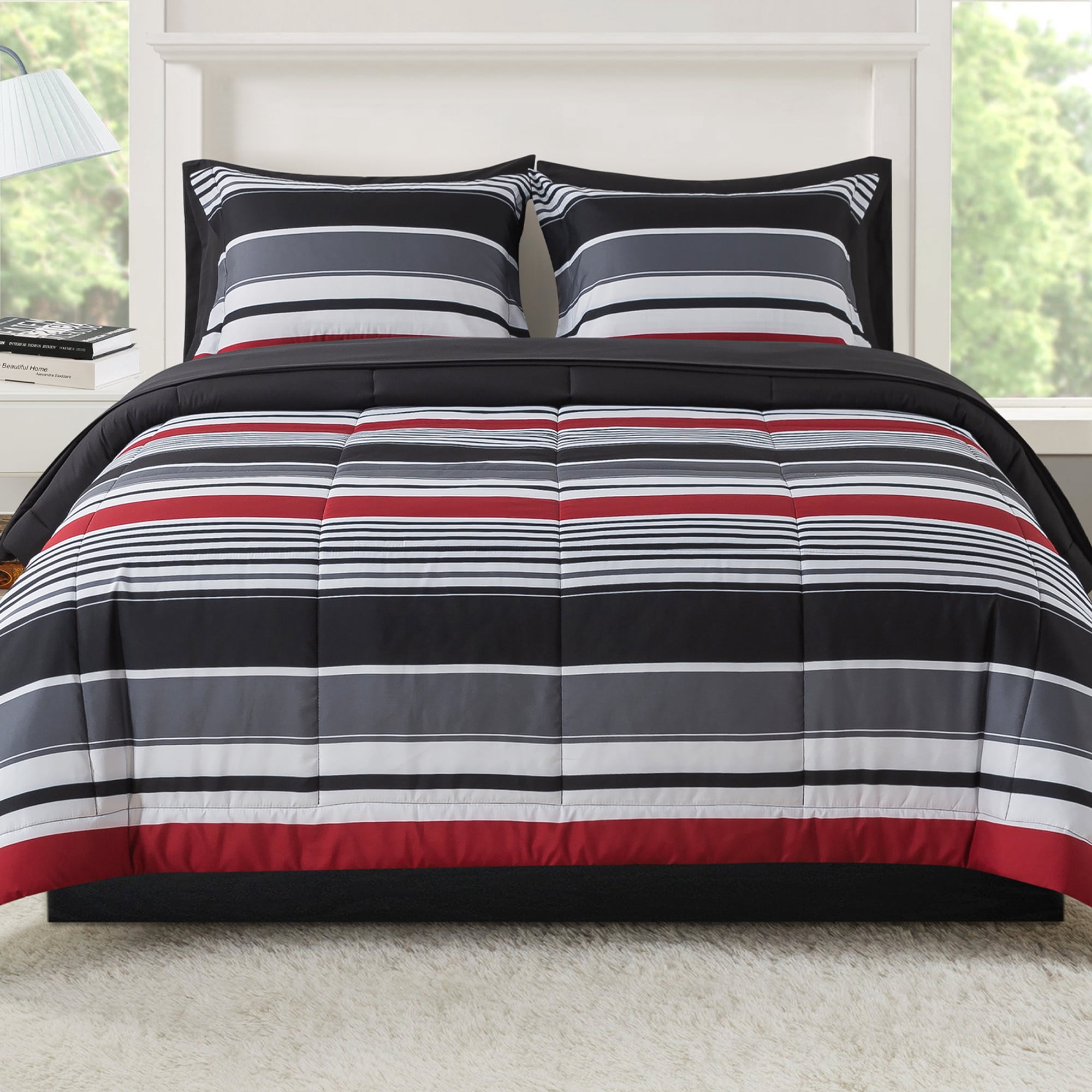 Mainstays All in One Reversible Comforter and Sheet set- 7 Piece, Full, Red and Black Stripe
