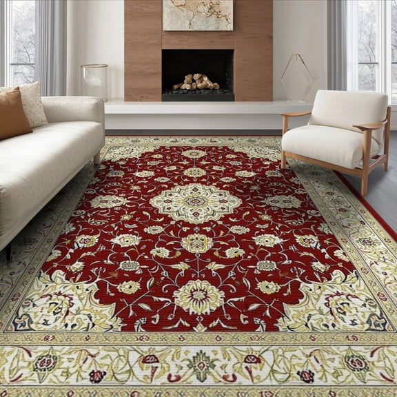 ODIKA 8'x10' Washable Area Rug Vintage Oriental Medallion With Intricate Scroll Border Design for King Size Bedroom Under Bed, Master Suite, Non-Shedding, Easy Care