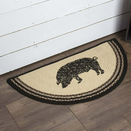 Playful Pig Rug Bleached White Farmhouse Flooring Miller Farm Charcoal Pig Jute Stenciled Nature Print Half Circle Accent Rug ()
