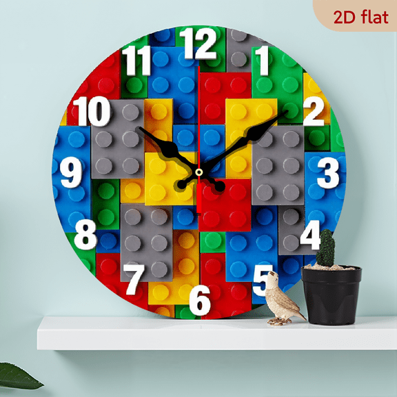 A 10-inch 2D flat "Blocks" theme wooden circular wall clock, suitable for decoration in bedrooms, living rooms and offices. It is an ideal gift for Christmas and New Year.