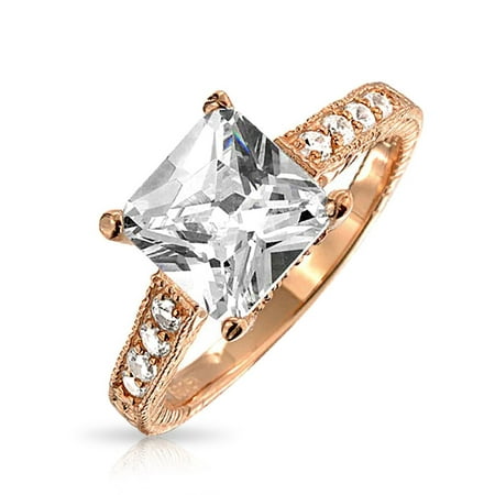 - 3CT Square Princess Cut Solitaire AAA CZ Engagement Ring Thin Pave Band Rose Gold Plated 925 Sterling Silver For Women