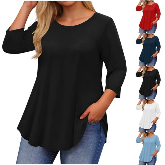 Wlynlyn Plus Size Tops for Women Casual Long Sleeve Shirts Crew Neck Solid Color Loose Comfy Summer Tunic Tops