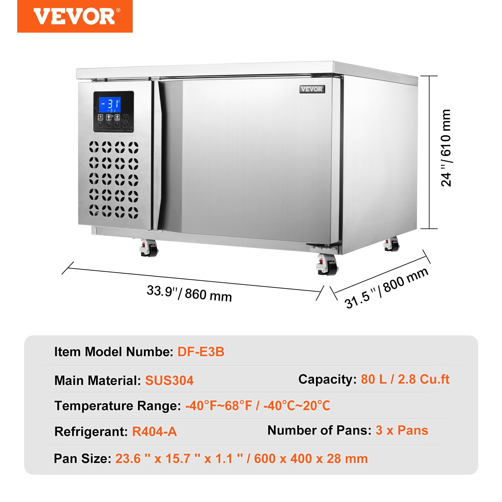VEVOR Commercial Blast Freezer, 80 L / 2.8 Cu.ft Blast Chiller with 3 Trays,Blast Chiller Freezer Chest with 4 Freezing Modes,Stainless Steel Food Blast Freezer with Casters for Restaurant,Seafood
