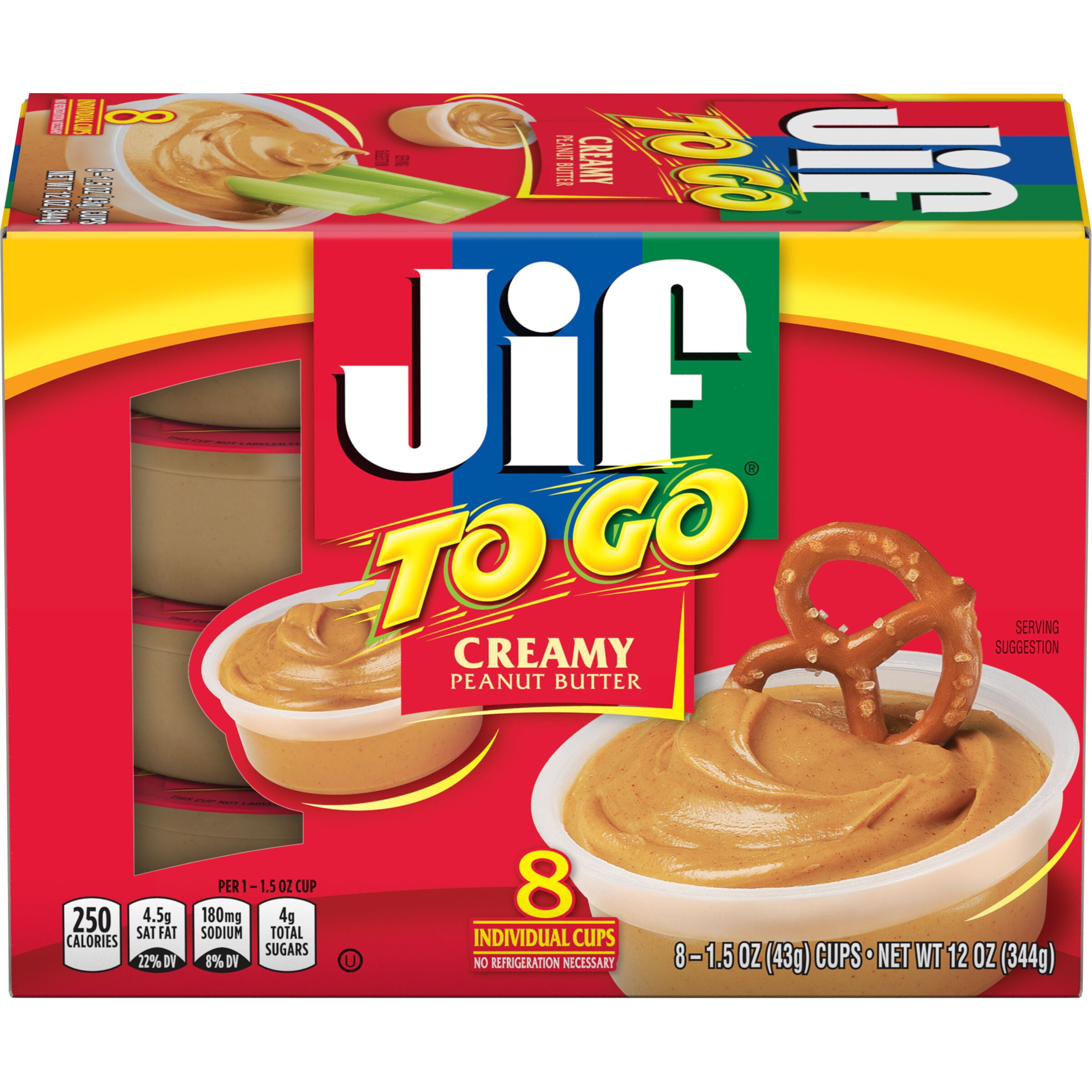 Jif To Go Creamy Peanut Butter, 8- 1.5 oz Cups, Snack Size Packs