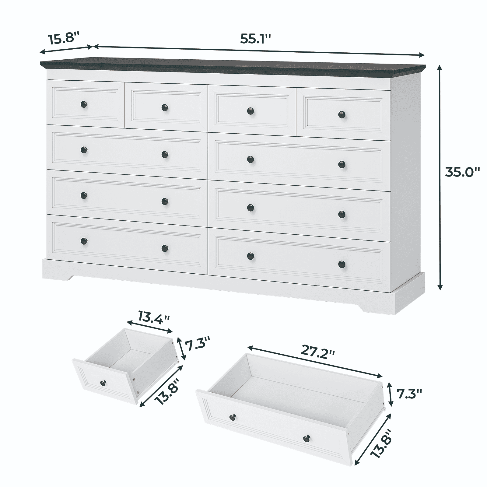 Plonmago 10 Drawers Dresser, 55" Large Drawers Dresser for Bedroom, Wood Dressers & Chest of Drawers for Living Room,White