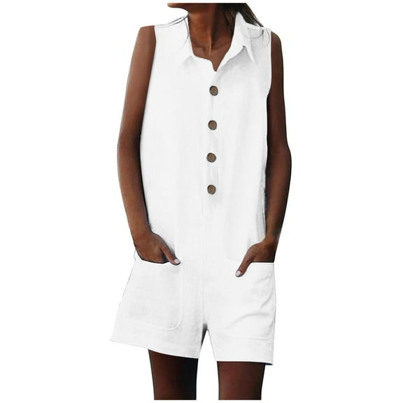 aidice Cotton Linen Womens Jumpsuits Summer Lapel Neck Button Lightweight Casual Vacation Shorts Rompers