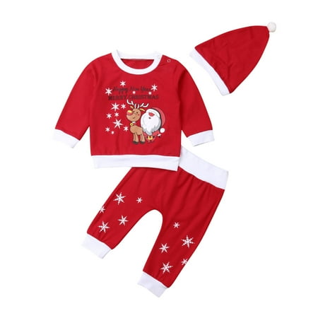 

3PCS Newborn Baby Boy Girl Christmas Santa Claus Clothes Tops T-shirt Pants Hat Outfits Age For 0-18 Months